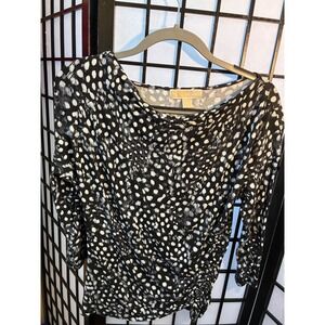 MICHAEL KORS Womens Black White Dotted Print‎ Boat Neck Ruched Side Top M
